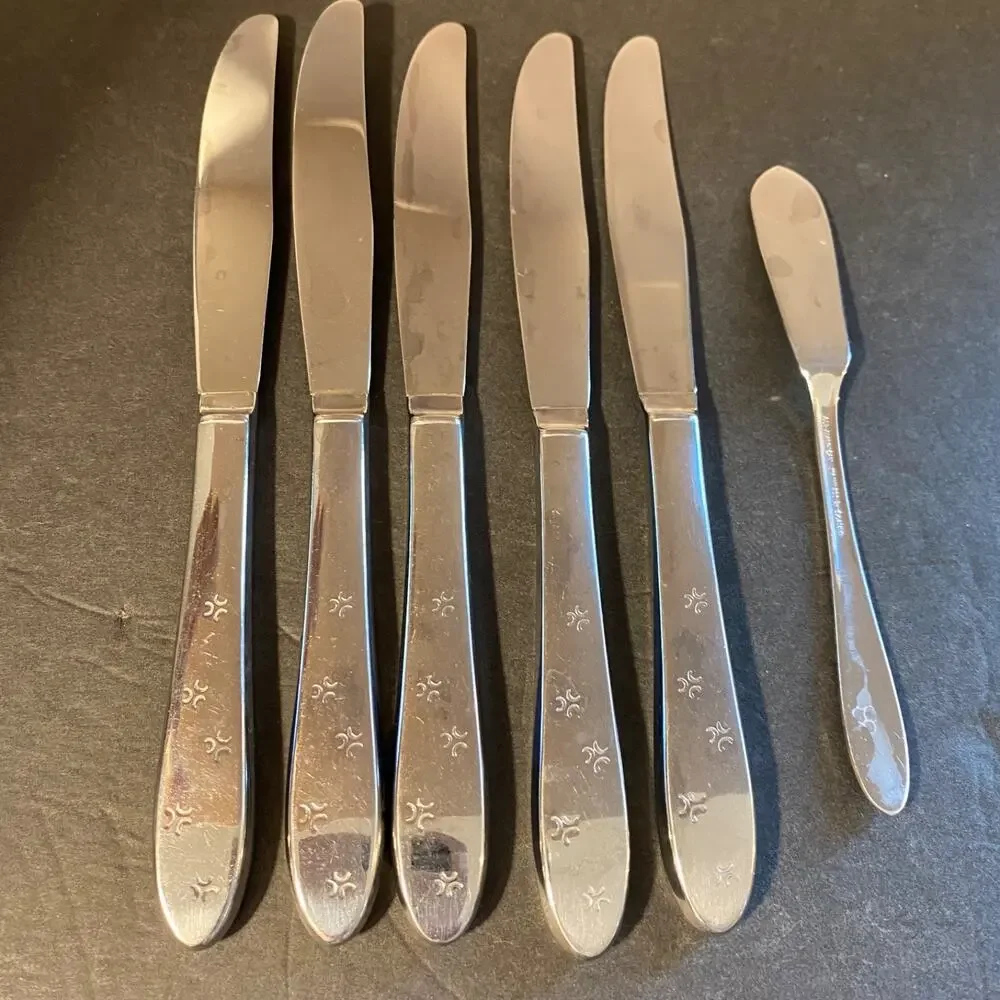 Vintage Oneida Duet 2 Starburst 5 Dinner Knives + Butter Knife Stainless